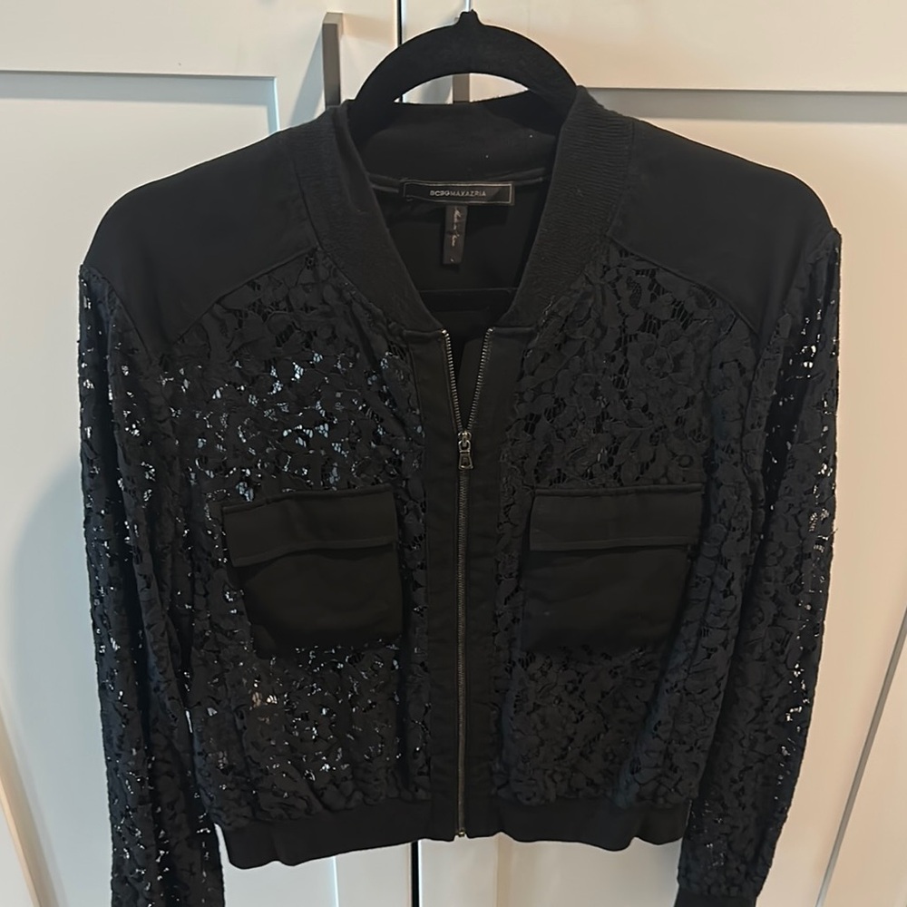BCBGMaxAzria Black Lace Bomber Jacket